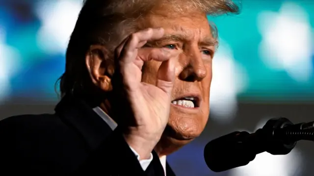 Donald Trump gestures as he speaks into a microphone at a rally