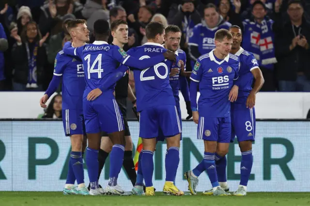 Leicester's Jamie Vardy celebrates a goal v Newport in EFL Cup