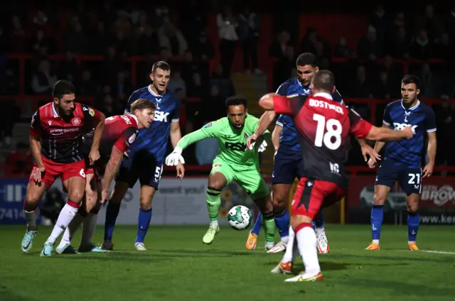 Jojo Wollacott of Charlton Athletic fails to collect a cross during the Carabao Cup Third Round match between Stevenage and Charlton Athletic at The Lamex Stadium