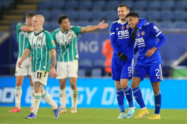 Leicester's James Justin celebrates with Jamie Vardy after EFL Cup goal v Newport