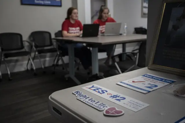 Anti-abortion activists in Kentucky with stickers that say 'Right to Life of Louisville.'