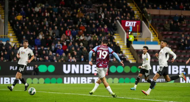 Burnley's Anass Zaroury scores his side's third goal during the Carabao Cup Third Round match between Burnley and Crawley Town at Turf Moor