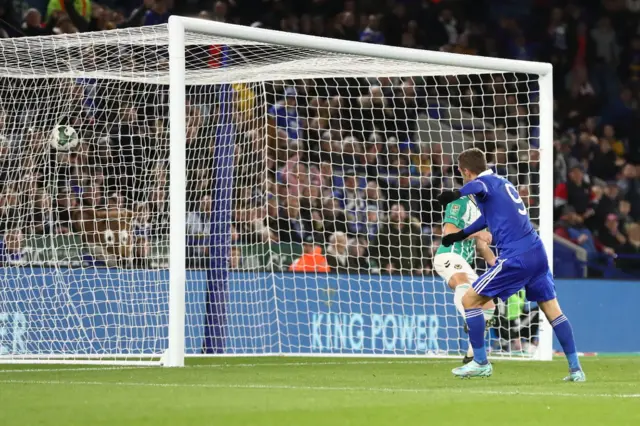 Leicester's Jamie Vardy scores his second goal v Newport in EFL Cup