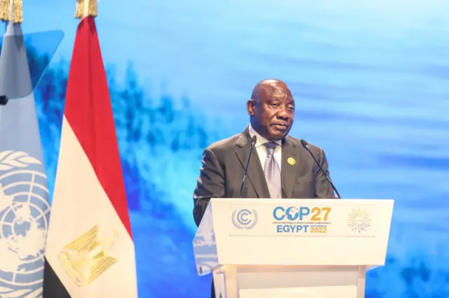 South African President Cyril Ramaphosa makes a speech as he attends the during the 2022 United Nations Climate Change Conference (COP27) at the Sharm El Sheikh International Convention Centre in Egypt's Red Sea resort