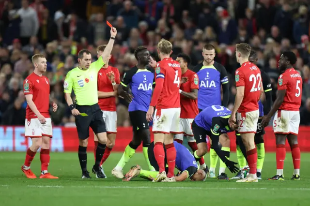 Orel Mangala of Nottingham Forest receives a red card