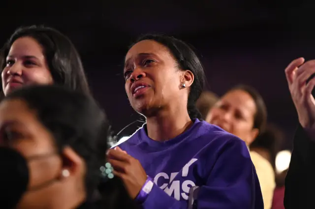 Stacey Abrams supporter cries while listening to the Democrat's concession speech