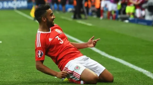 Neil Taylor celebrates his Euros goal