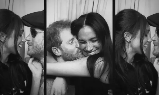 Three black and white photos of Harry and Meghan messing around in what looks like a photo booth