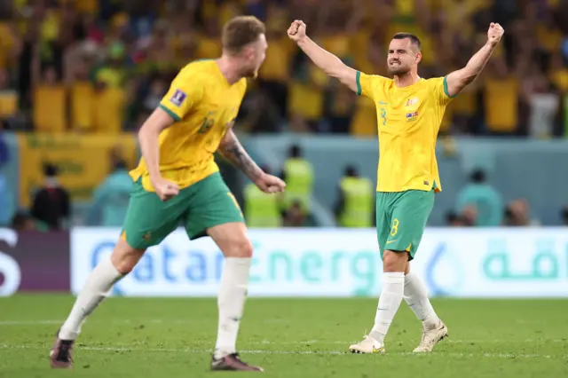 Bailey Wright of Australia celebrates after the 1-0 win during the FIFA World Cup Qatar 2022 Group D match between Australia and Denmark at Al Janoub Stadium