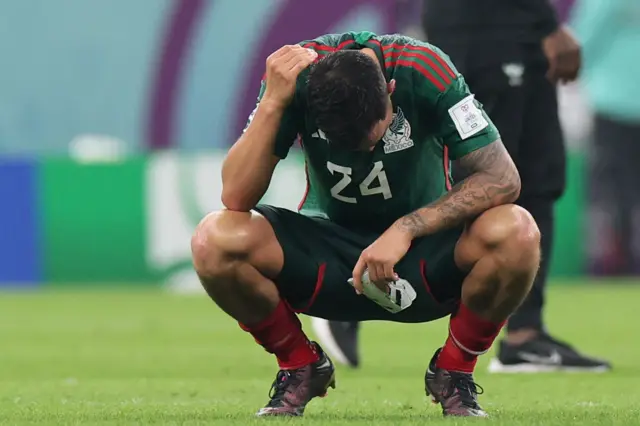 Mexico's midfielder #24 Luis Chavez reacts at the end of the Qatar 2022 World Cup Group C football match between Saudi Arabia and Mexico at the Lusail Stadium