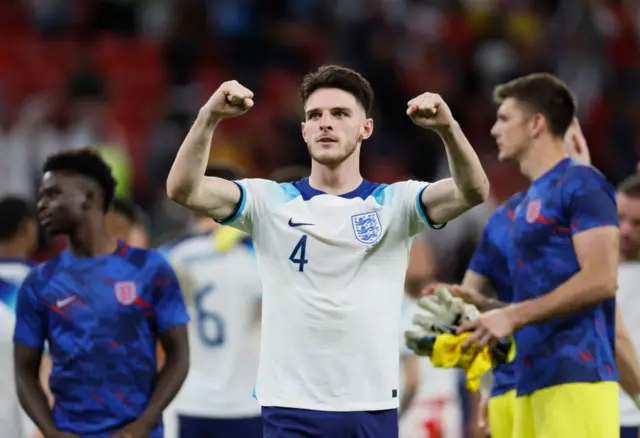 Declan Rice celebrating after England beat Wales 3-0.