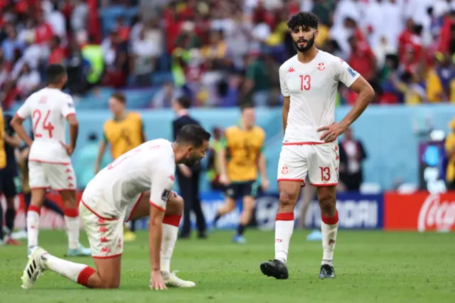 A dejected Ferjani Sassi of Tunisia and Montassar Talbi of Tunisia at full time during the FIFA World Cup Qatar 2022 Group D match between Tunisia and Australia at Al Janoub Stadium