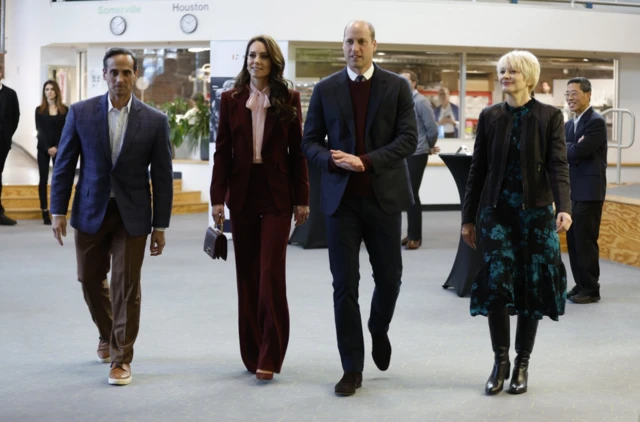 Prince of Wales and Catherine, Princess of Wales speak with start-up companies that work at Greentown Labs as they tour the location for a view of green technologies developed in Somerville