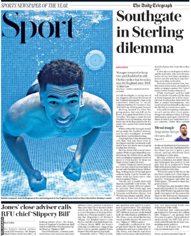 Back page of the Daily Telegraph on 1 December focuses on a selection decision for Gareth Southgate around Raheem Sterling