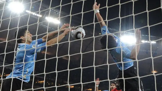 Luis Suarez is sent off for handball against Ghana at the 2010 World Cup