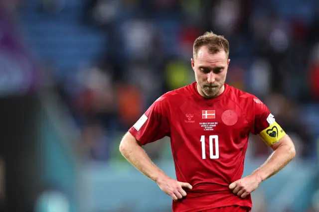 Christian Eriksen of Denmark looks dejected at full time as his side are knocked out of the Fifa World Cup