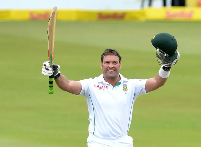 Jacques Kallis of South Africa celebrates his 45th century in his final test match during day 4 of the 2nd Test match between South Africa and India at Sahara Stadium Kingsmead on December 29, 2013 in Durban, South Africa