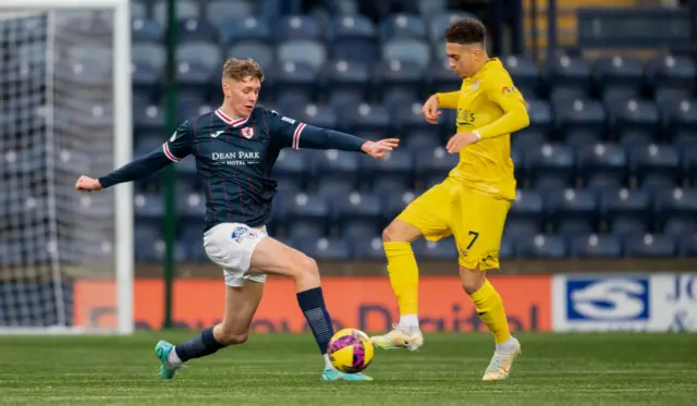 Raith Rovers' Connor O'Riordan and Morton's Jaze Kabia