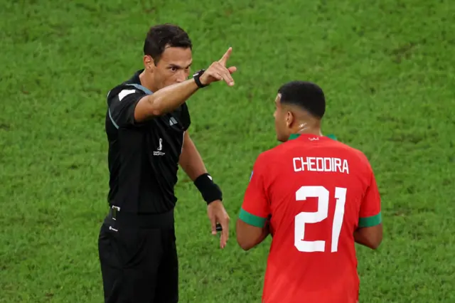 Walid Cheddira of Morocco reacts after receiving a red card