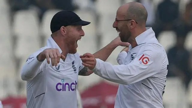 Ben Stokes celebrating a wicket with Jack Leach