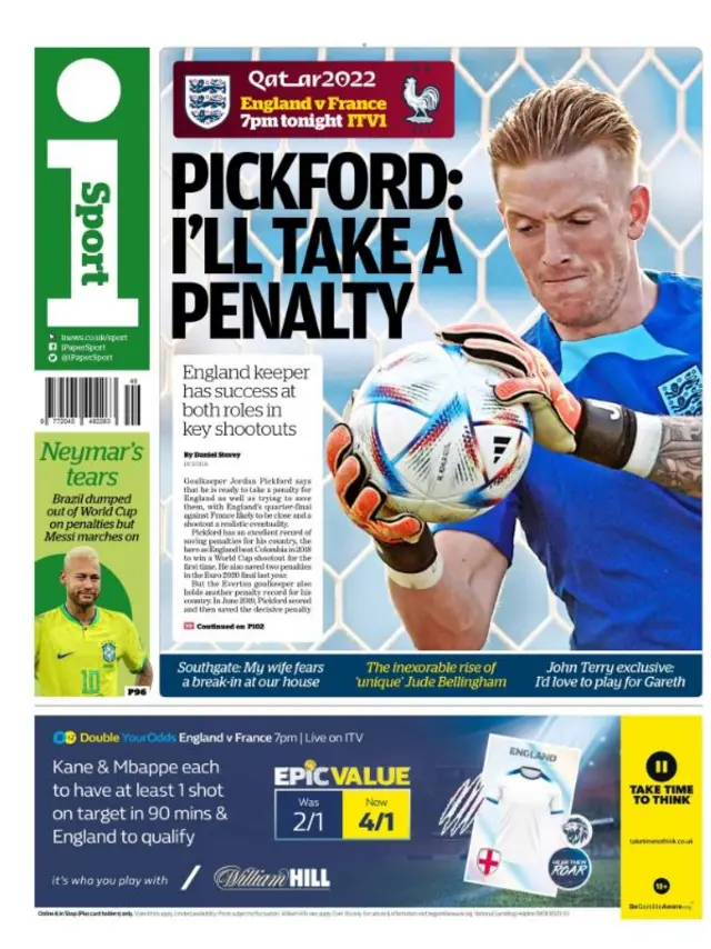 I'll take a penalty - Pickford: Independent Sport front page