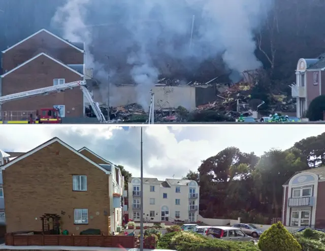 Two images - the top image shows the devastation after the explosion, with lots of debris and smoke. The bottom one shows a photo of the building taken in 2010 by Google Maps