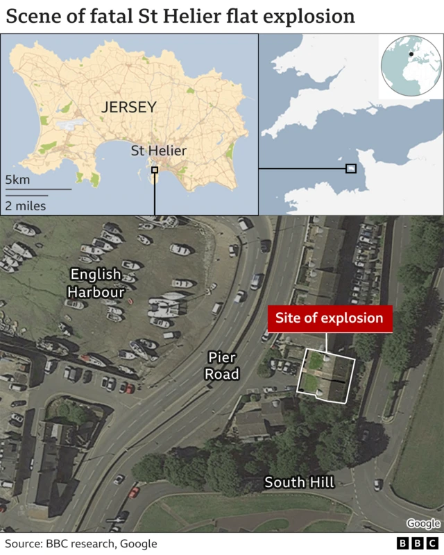 A map shows the location of the St Helier blast