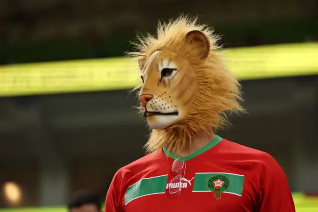 A Morocco fan wearing a lion mask