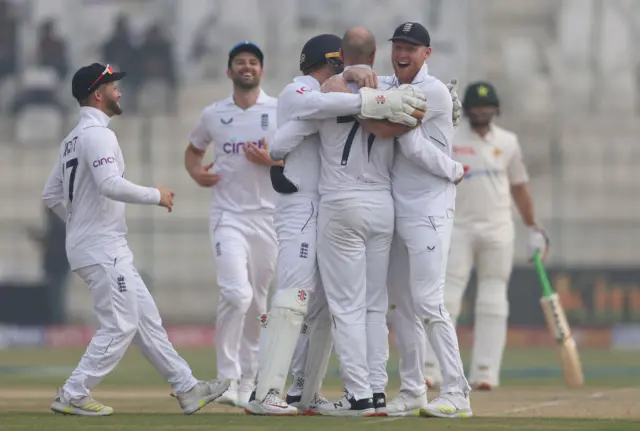 Jack Leach of England is congratulated on the wicket of Mohammad Rizwan of Pakistan during day two of the Second Test Match between Pakistan and England at Multan Cricket Stadium on December 10, 2022 in Multan