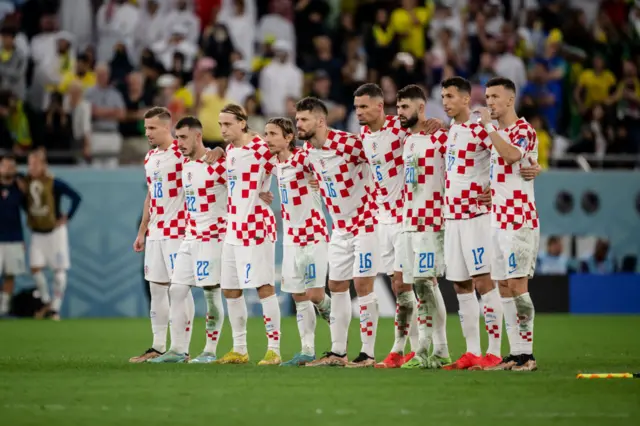 Mislav Orsic, Josip Juranovic, Lovro Majer, Luka Modric, Bruno Petkovic, Dejan Lovren, Josko Gvardiol, Ante Budimir and Ivan Perisic of Croatia