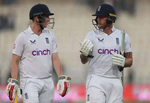 Harry Brook of England and Ben Stokes of England walk off at the end of the day during day two of the Second Test Match between Pakistan and England at Multan Cricket Stadium on December 10, 2022 in Multan