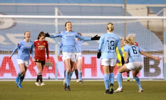 Caroline Weir of Manchester City celebrates scoring in the 2021 Manchester derby