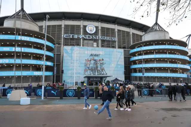 Fans start to gather at the Etihad Stadium for the Manchester derby in the Women's Super League