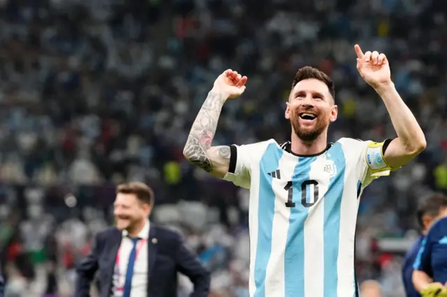 Lionel Messi  celebrates victory after the quarter final match between Netherlands and Argentina