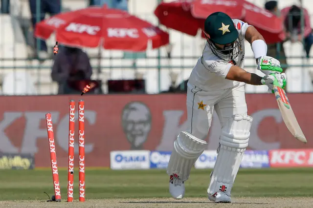 Pakistan's Mohammad Rizwan is bowled by England's Jimmy Anderson in Test in Multan