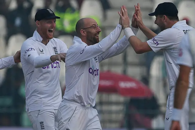 Jack Leach celebrates taking a wicket