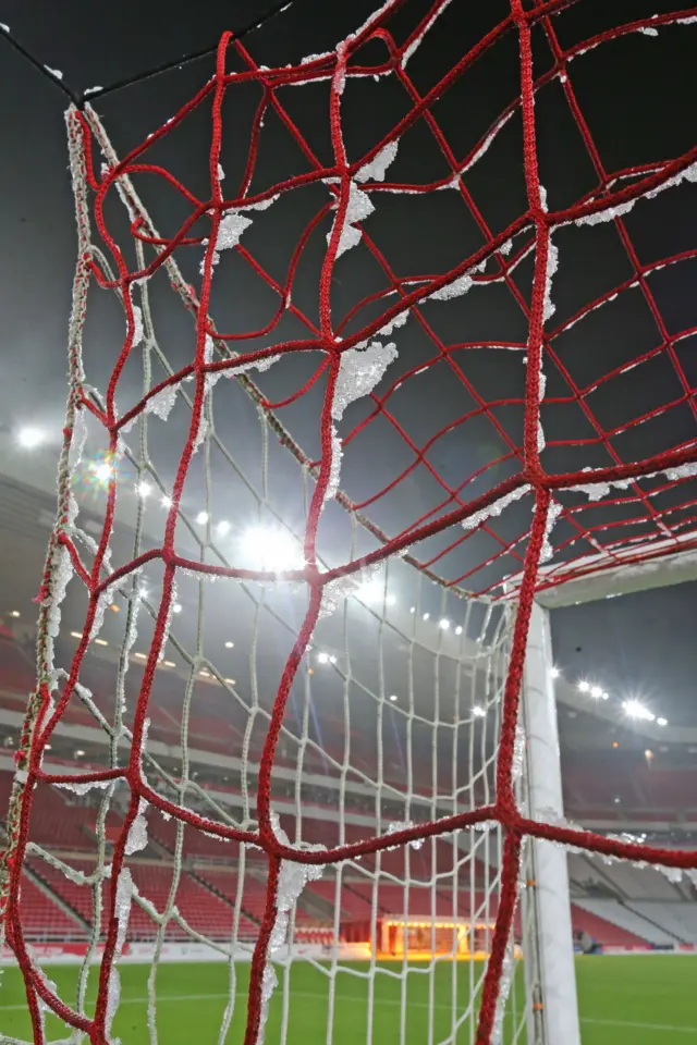 Snow and ice on the nets at Sunderland