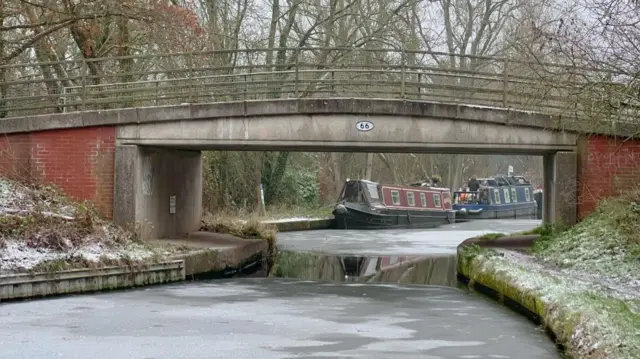 Icy river canal in Kingswood, Warwickshire