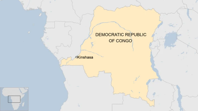 A map of the Democratic Republic of Congo showing Kinshasa.