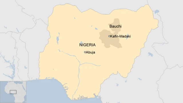 A map of Nigeria showing Kafin-Madaki town in Bauchi state.