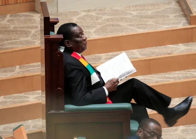 Zimbabwe's President Emmerson Mnangagwa attends the presentation of the 2023 National Budget at the Parliament Building in Harare, Zimbabwe, November 24, 2022