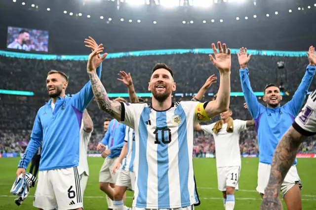 Lionel Messi celebrates after reaching the World Cup final