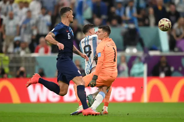 Julian Alvarez is fouled to win Argentina a penalty