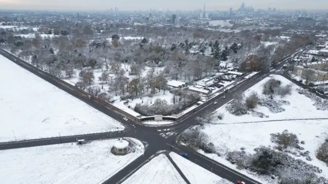 Blackheath Common in Greenwich covered in snow