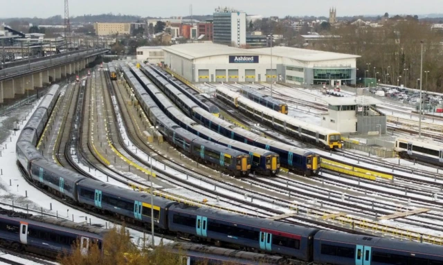 Southeastern trains parked in sidings near Ashford station in Kent