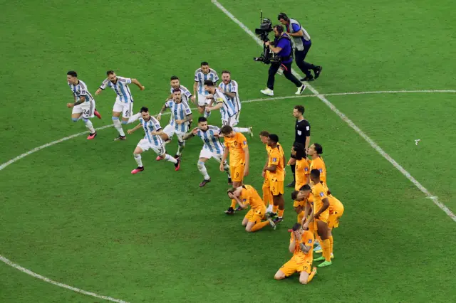 Argentina celebrate beating Netherlands on penalties in the 2022 World Cup