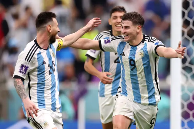 Julian Alvarez celebrates making it 2-0 to Argentina against Croatia