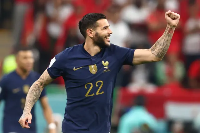 Theo Hernandez celebrates giving France the lead against Morocco in the 202 World Cup semi-final