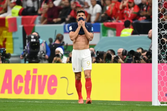 Olivier Giroud of France reacts during the FIFA World Cup Qatar 2022 semi final match between France and Morocco at Al Bayt Stadium