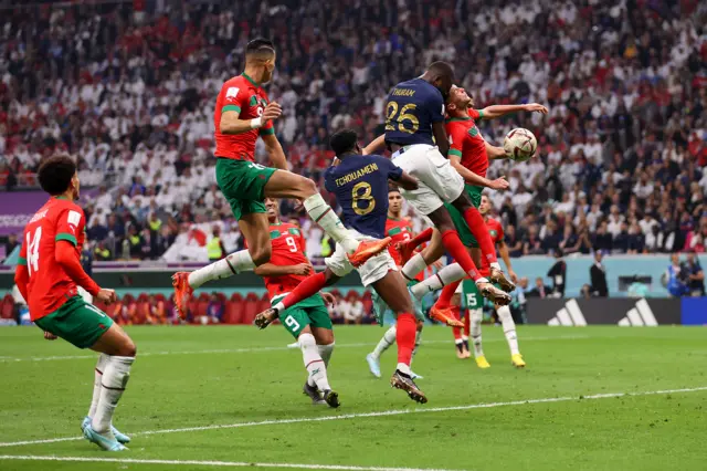 Marcus Thuram of France heads the ball during the FIFA World Cup Qatar 2022 semi final match between France and Morocco at Al Bayt Stadium